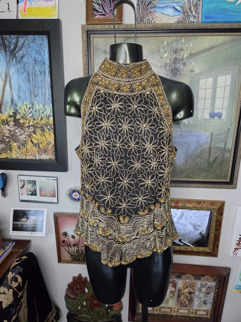 Vintage Laurence Kazar Floral Beaded 100% Silk Black & Gold Halter Top Medium